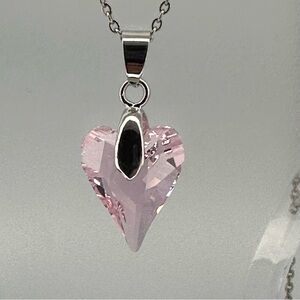 Pink Swarovski Crystal Heart Pendant Necklace | Rhodium Plated Chain NWT